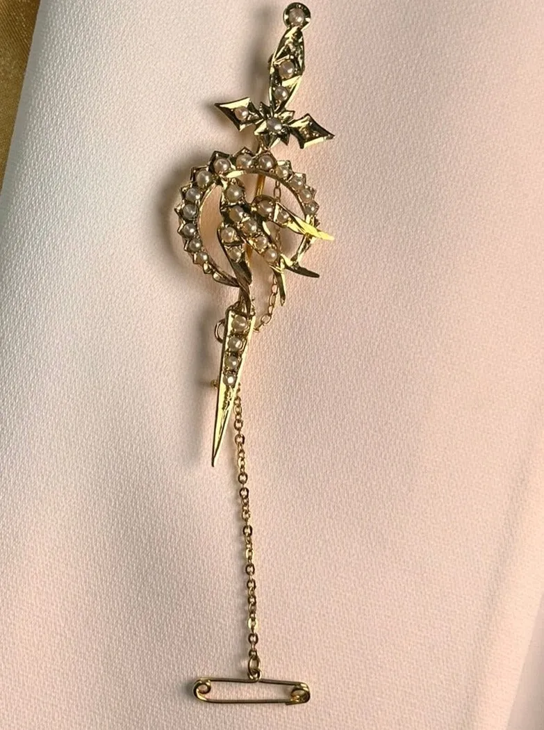 Valentine's Day Treasure: Unique 15ct Gold Pearl-Encrusted Sword & Bird Brooch