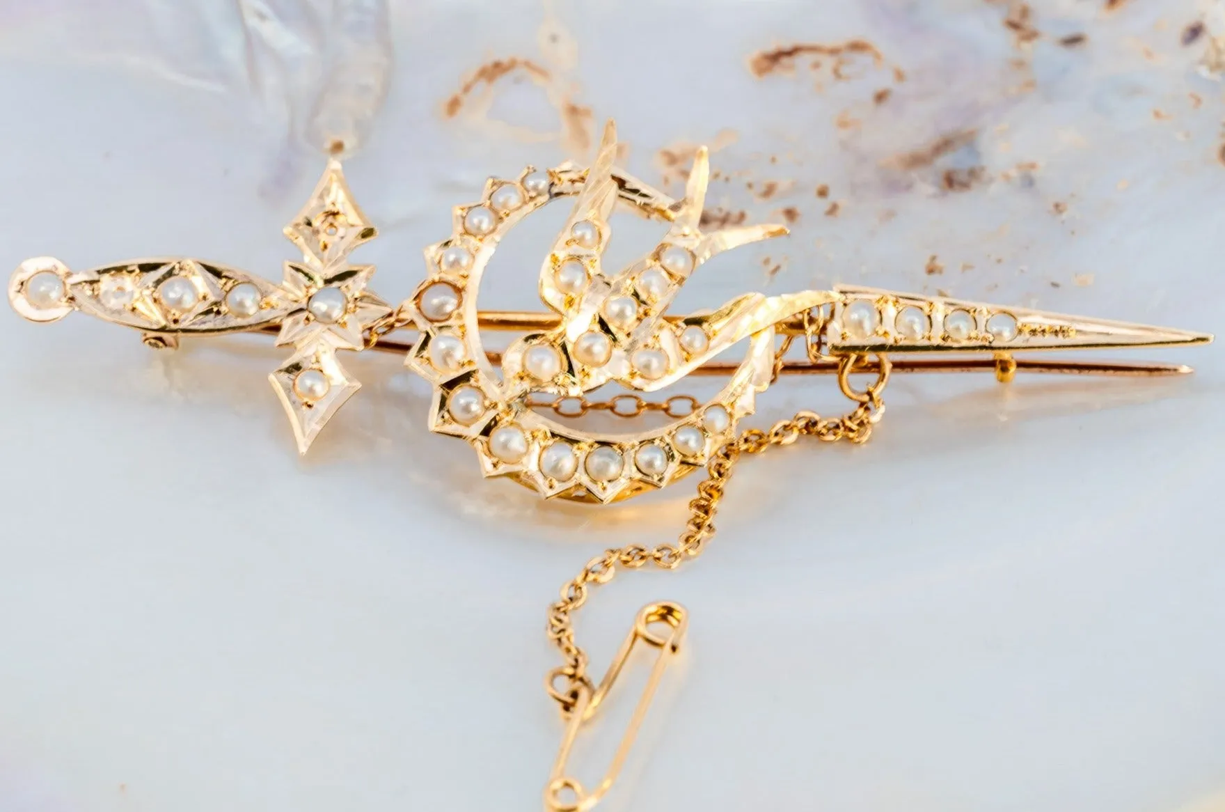 Valentine's Day Treasure: Unique 15ct Gold Pearl-Encrusted Sword & Bird Brooch