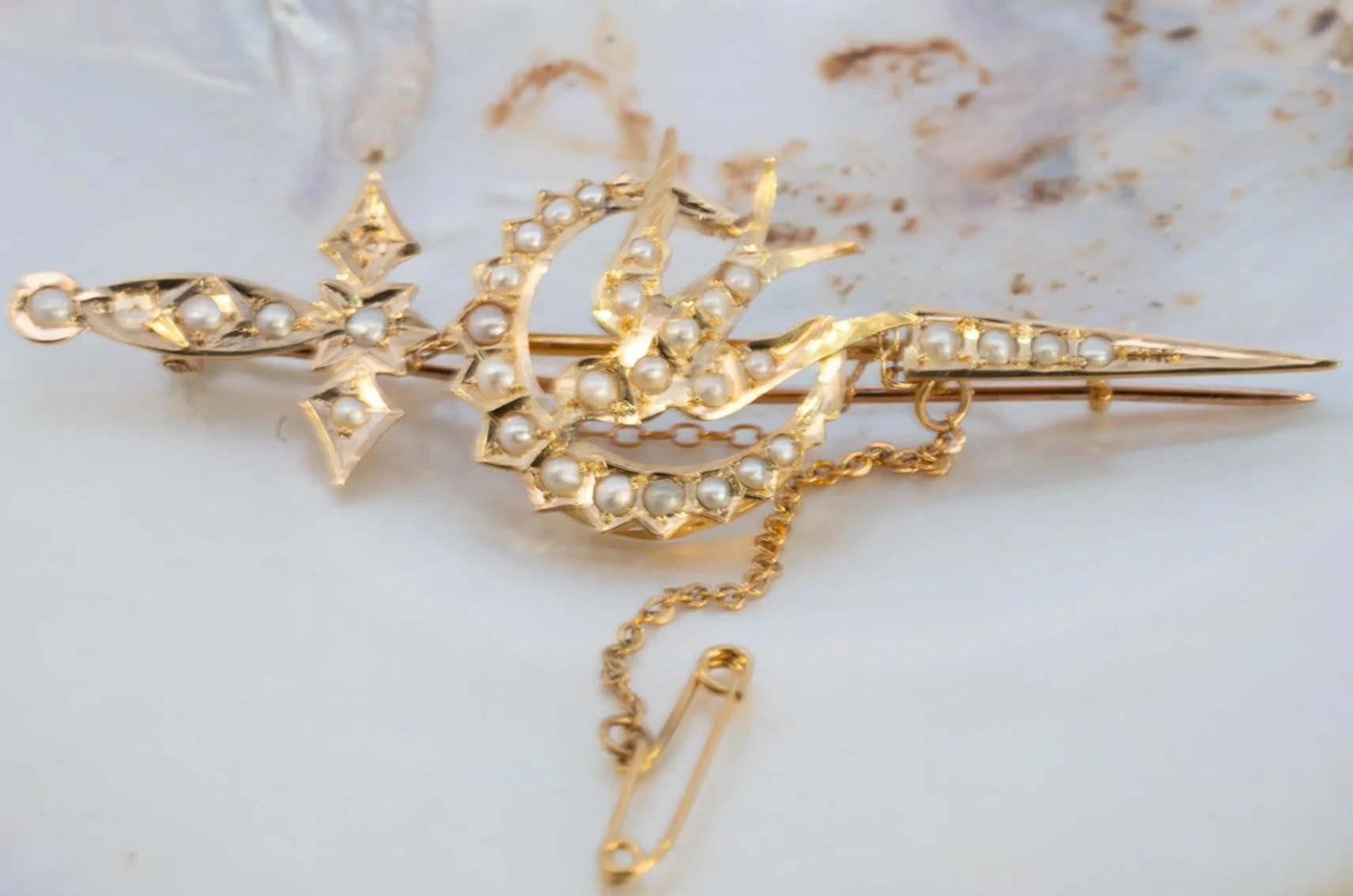 Valentine's Day Treasure: Unique 15ct Gold Pearl-Encrusted Sword & Bird Brooch