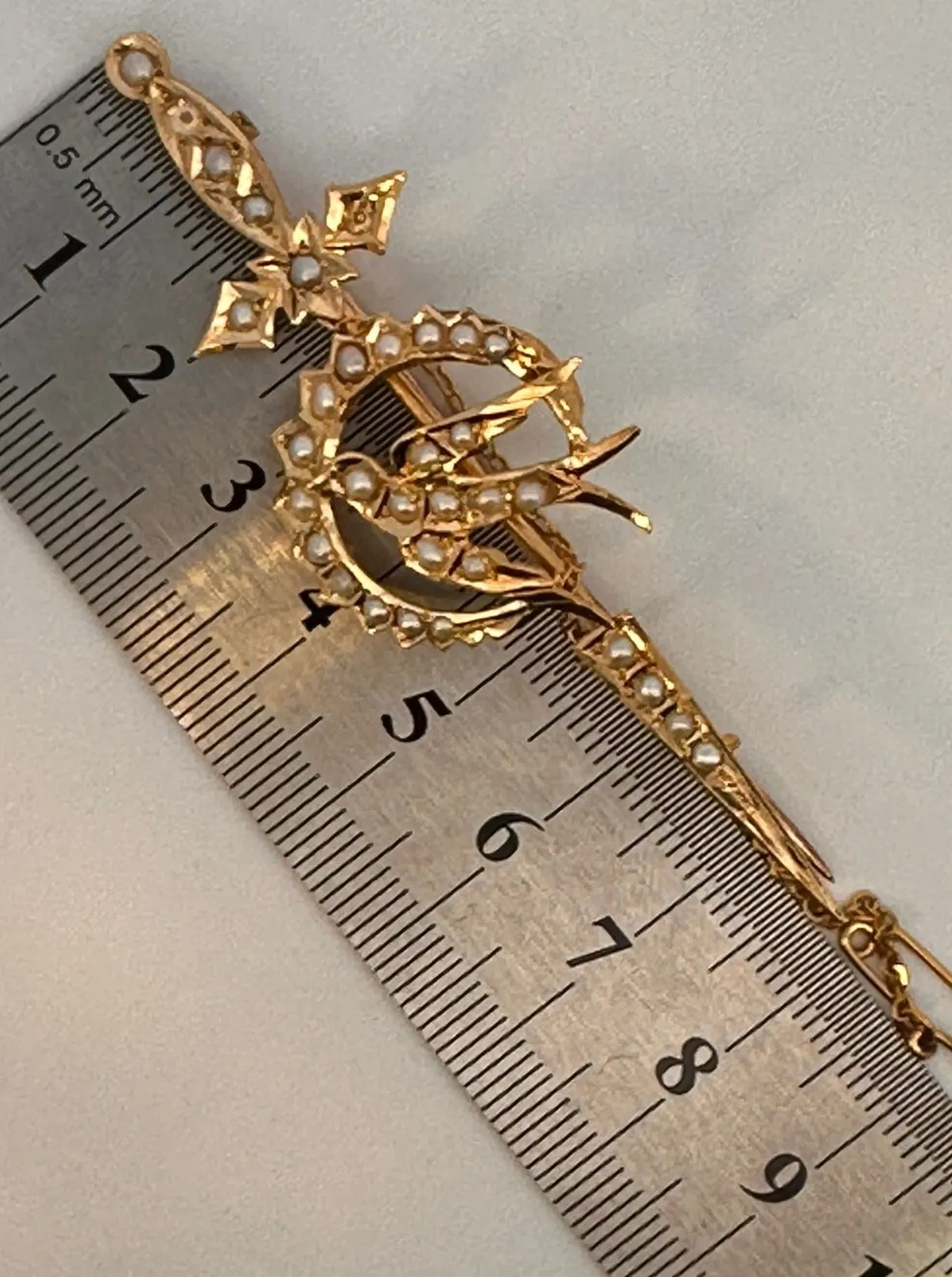 Valentine's Day Treasure: Unique 15ct Gold Pearl-Encrusted Sword & Bird Brooch