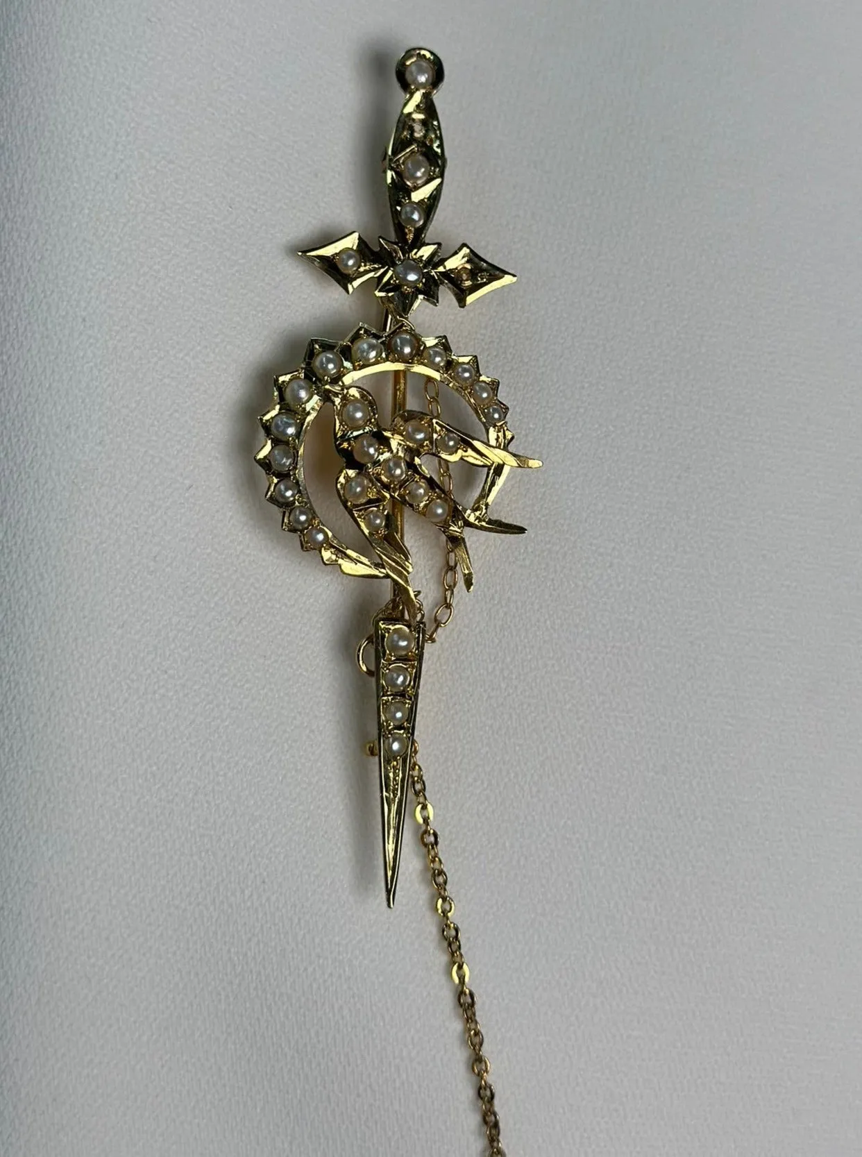 Valentine's Day Treasure: Unique 15ct Gold Pearl-Encrusted Sword & Bird Brooch