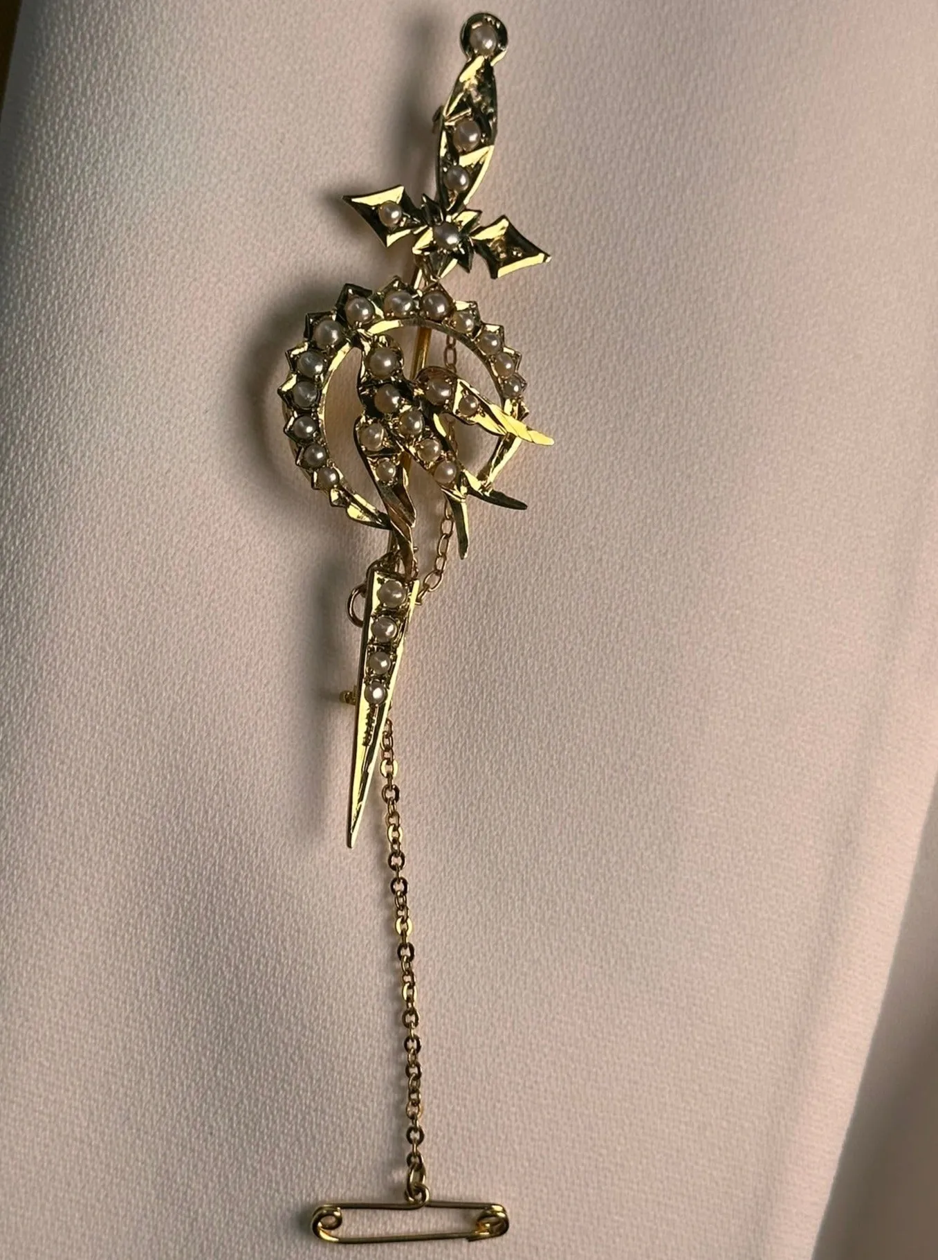 Valentine's Day Treasure: Unique 15ct Gold Pearl-Encrusted Sword & Bird Brooch