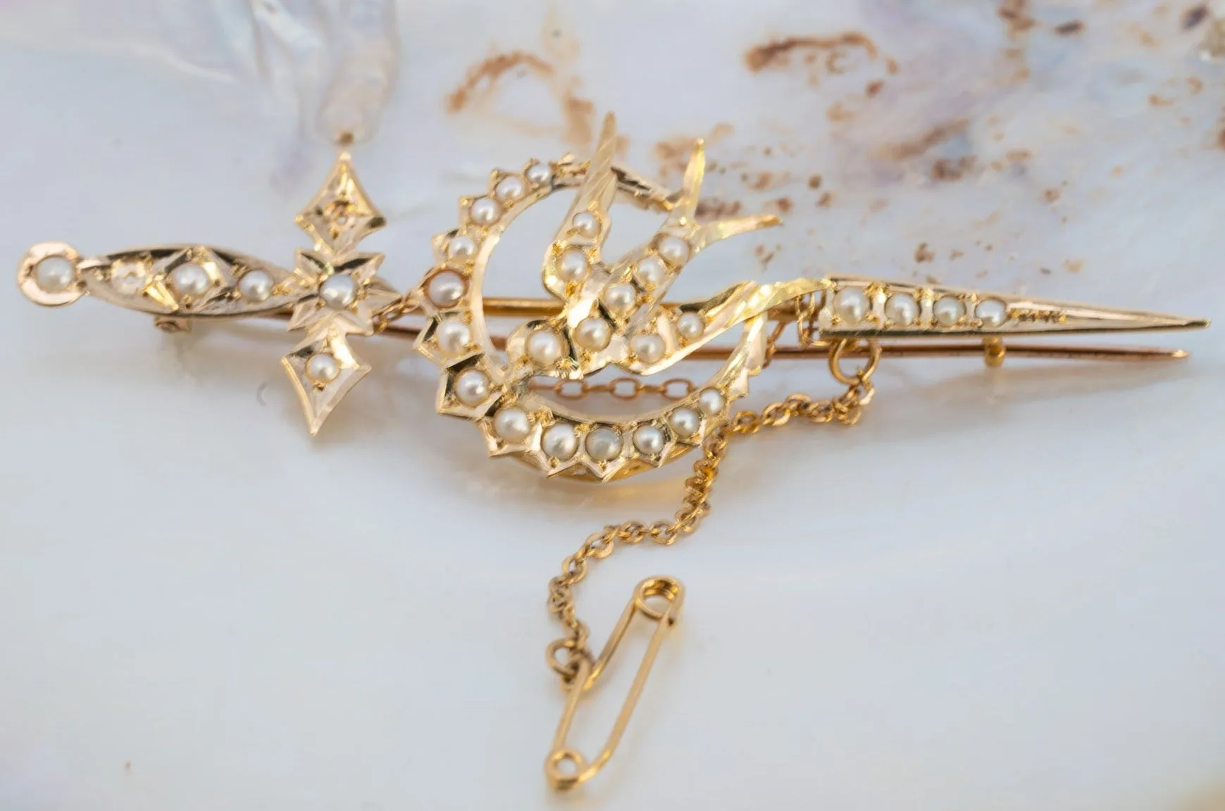 Valentine's Day Treasure: Unique 15ct Gold Pearl-Encrusted Sword & Bird Brooch