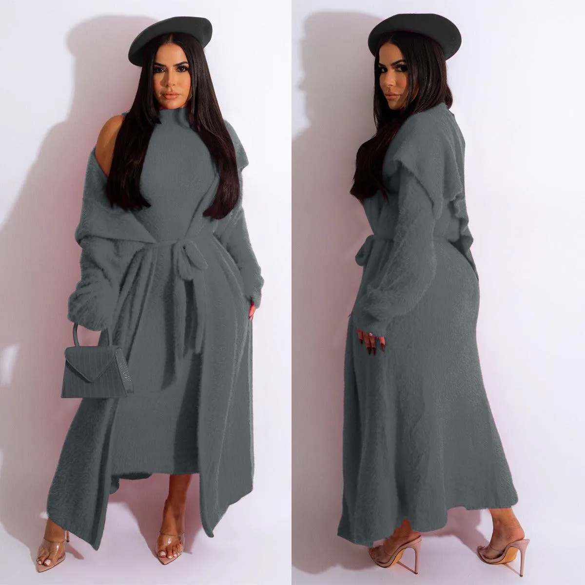 Velvet Long Cardigan Two-Piece Suit for Autumn and Winter, Elegant Dress