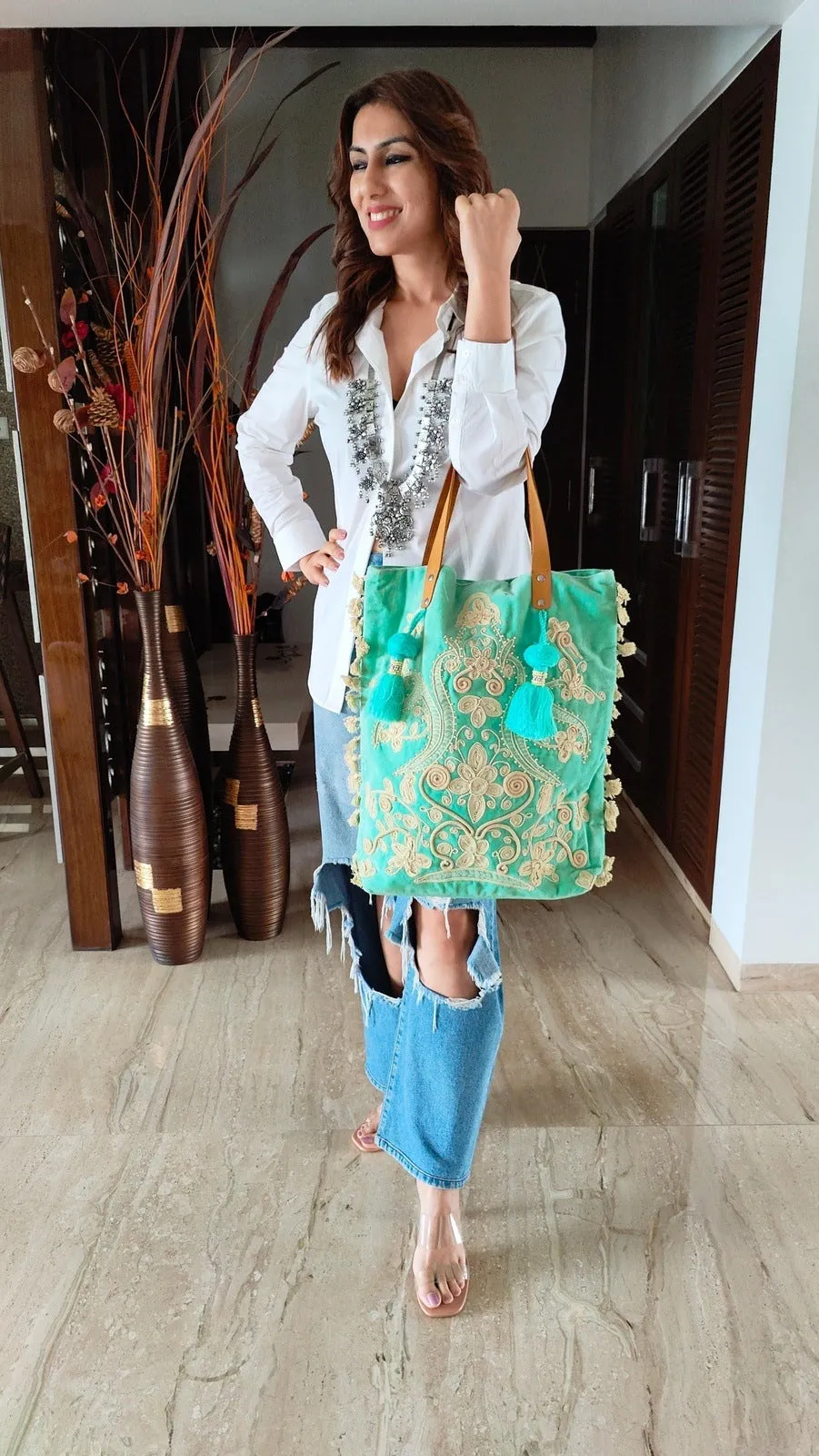 Velvet Pastel Green Banjara Handcrafted Embroidery Tote Bag