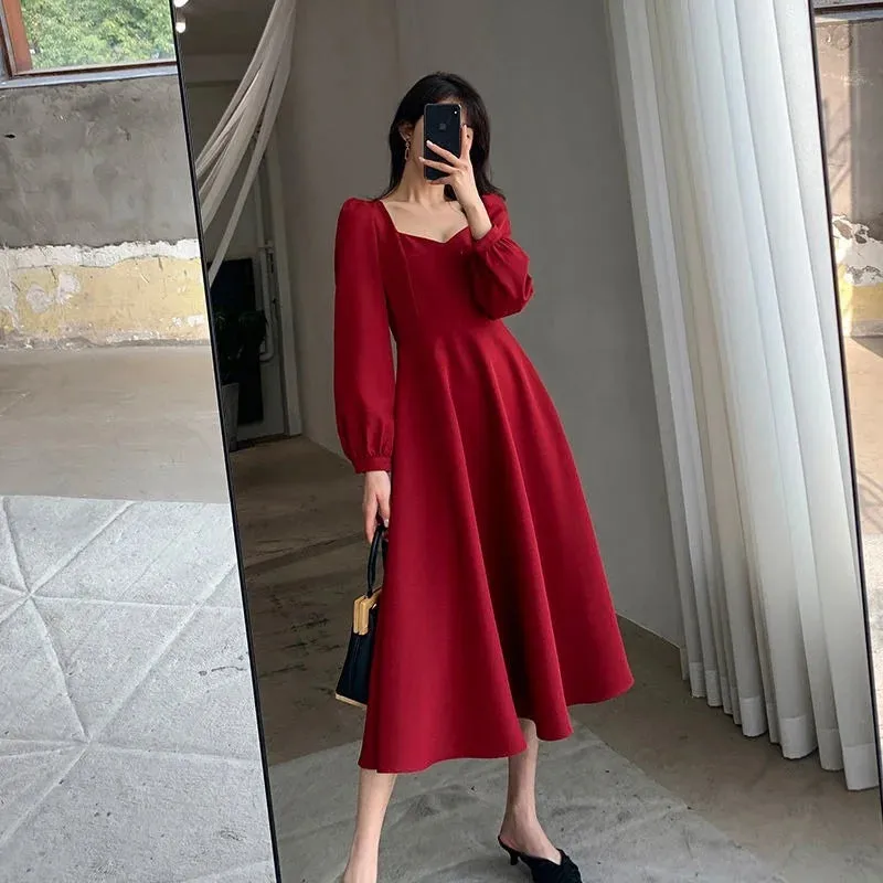 Vintage Black Dress Women Retro Elegant Wrap Midi Dresses Korean Harajuku Long Sleeve Solid Clothes Spring Fashion