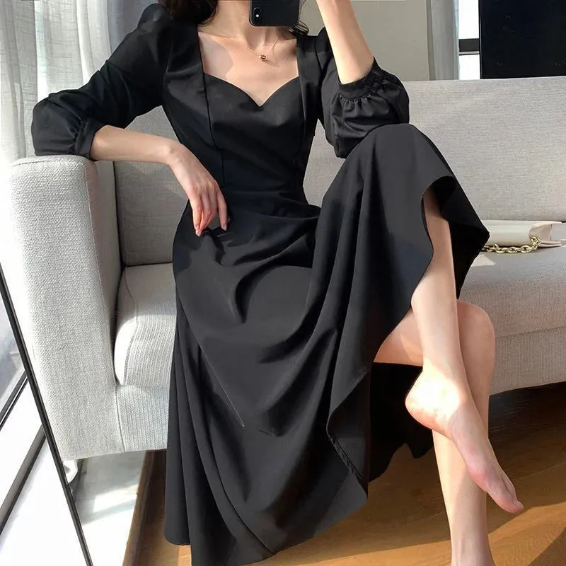 Vintage Black Dress Women Retro Elegant Wrap Midi Dresses Korean Harajuku Long Sleeve Solid Clothes Spring Fashion