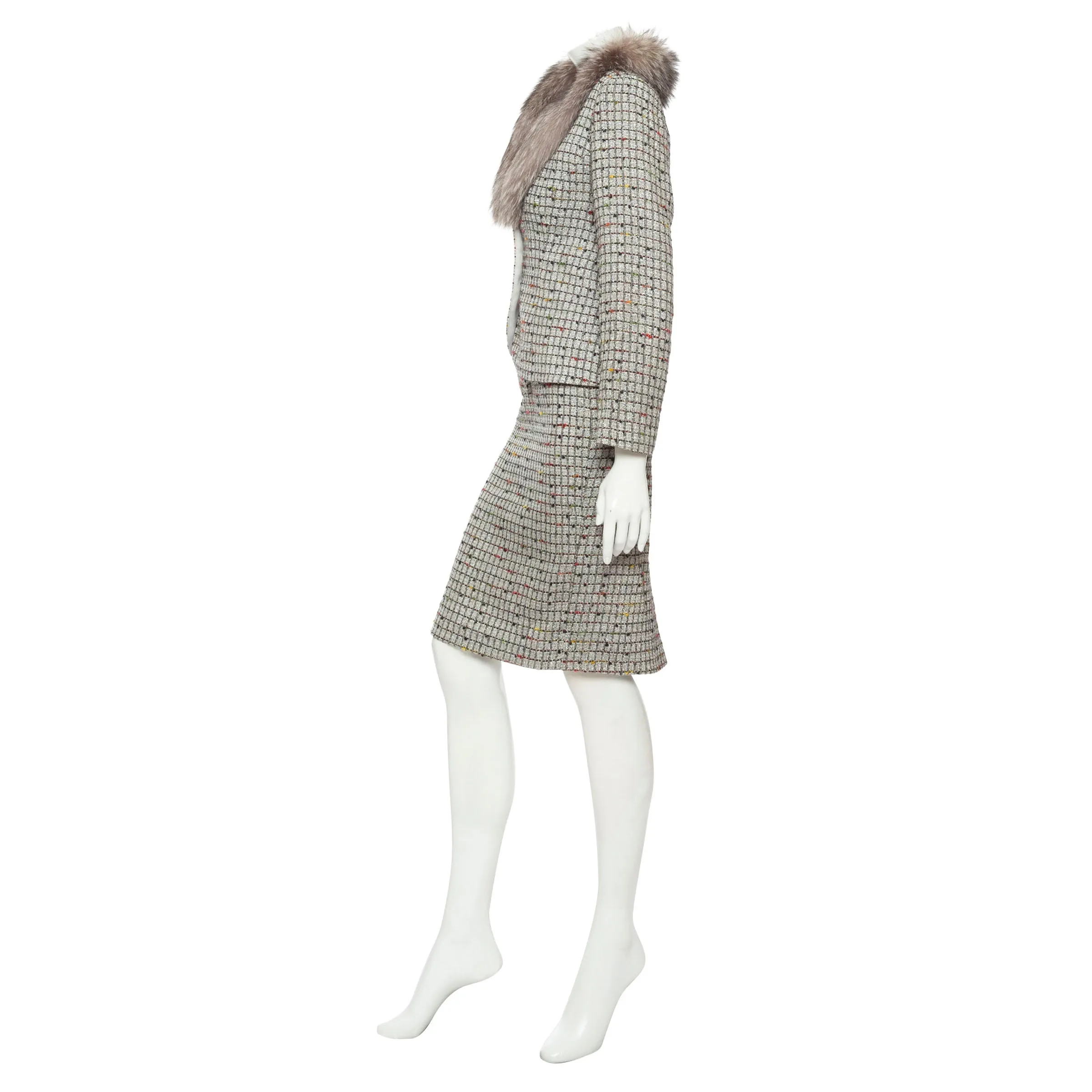 Vintage Silver Lurex Fur Collared Skirt Suit