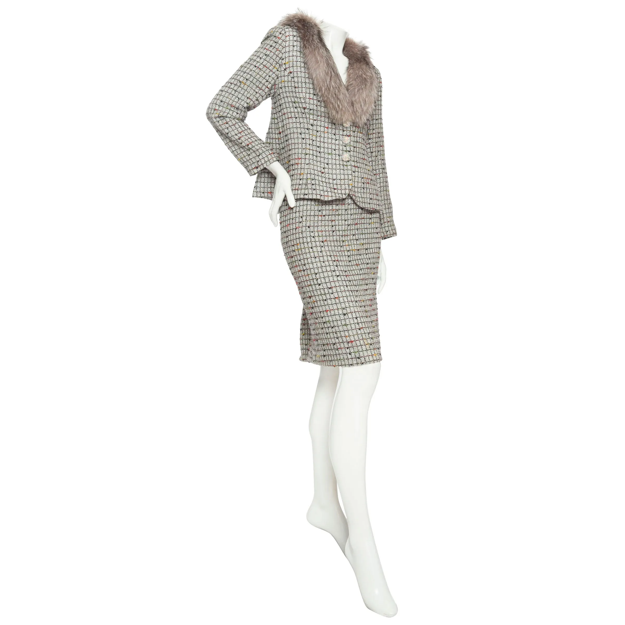 Vintage Silver Lurex Fur Collared Skirt Suit