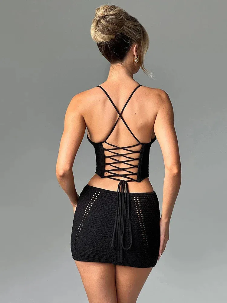 Wenkouban-Black Friday Christmas Party Outfits  Knitted Sexy See Through Women Two Piece Sets Khaki Spaghetti Strap Top Mini Skirt Summer New Vacation Elegant Skirt Set