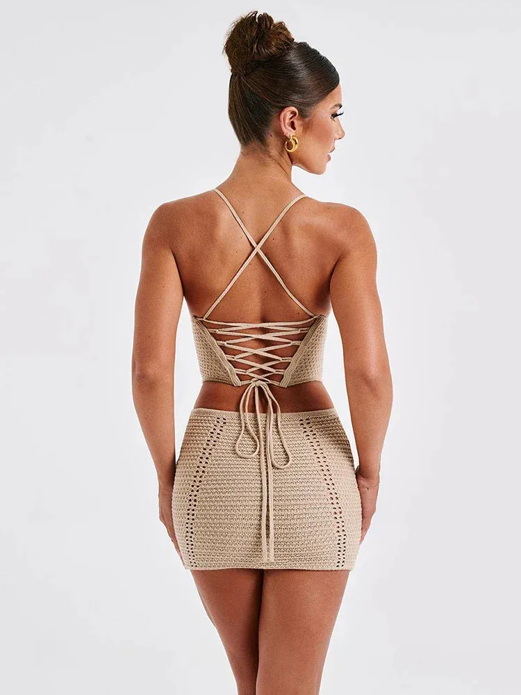 Wenkouban-Black Friday Christmas Party Outfits  Knitted Sexy See Through Women Two Piece Sets Khaki Spaghetti Strap Top Mini Skirt Summer New Vacation Elegant Skirt Set