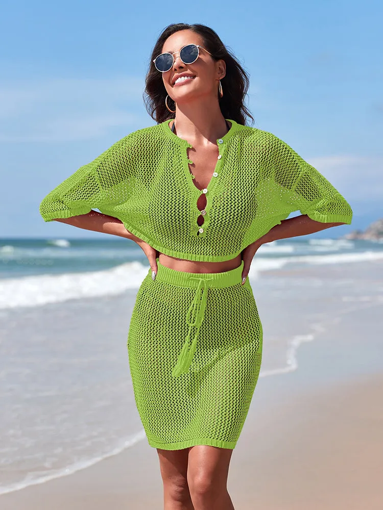 Women 2 Piece Crochet Swimsuit Cover Ups Hollow Out Knitted Coverup Beach Crop Top and Skirt Sets