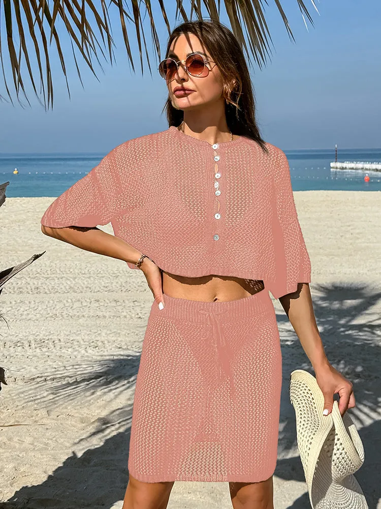 Women 2 Piece Crochet Swimsuit Cover Ups Hollow Out Knitted Coverup Beach Crop Top and Skirt Sets