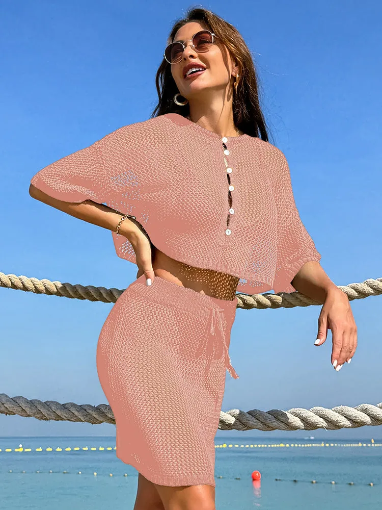 Women 2 Piece Crochet Swimsuit Cover Ups Hollow Out Knitted Coverup Beach Crop Top and Skirt Sets