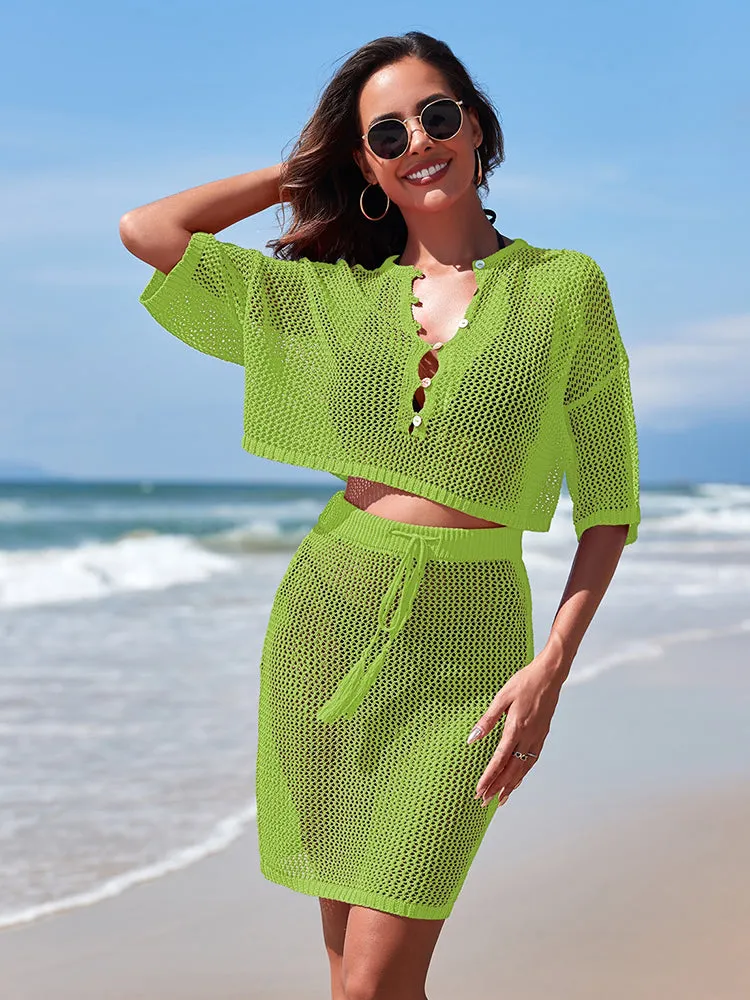 Women 2 Piece Crochet Swimsuit Cover Ups Hollow Out Knitted Coverup Beach Crop Top and Skirt Sets