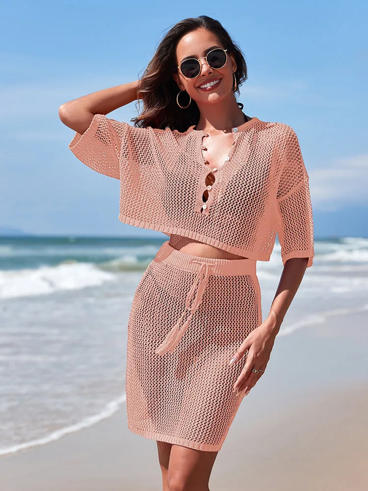 Women 2 Piece Crochet Swimsuit Cover Ups Hollow Out Knitted Coverup Beach Crop Top and Skirt Sets