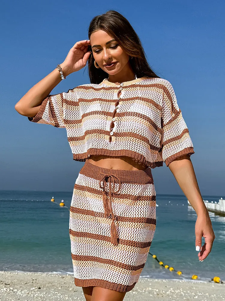 Women 2 Piece Crochet Swimsuit Cover Ups Hollow Out Knitted Coverup Beach Crop Top and Skirt Sets