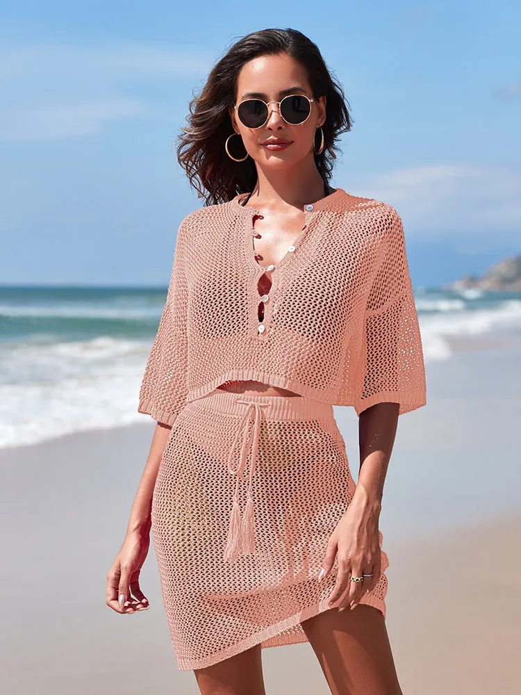 Women 2 Piece Crochet Swimsuit Cover Ups Hollow Out Knitted Coverup Beach Crop Top and Skirt Sets