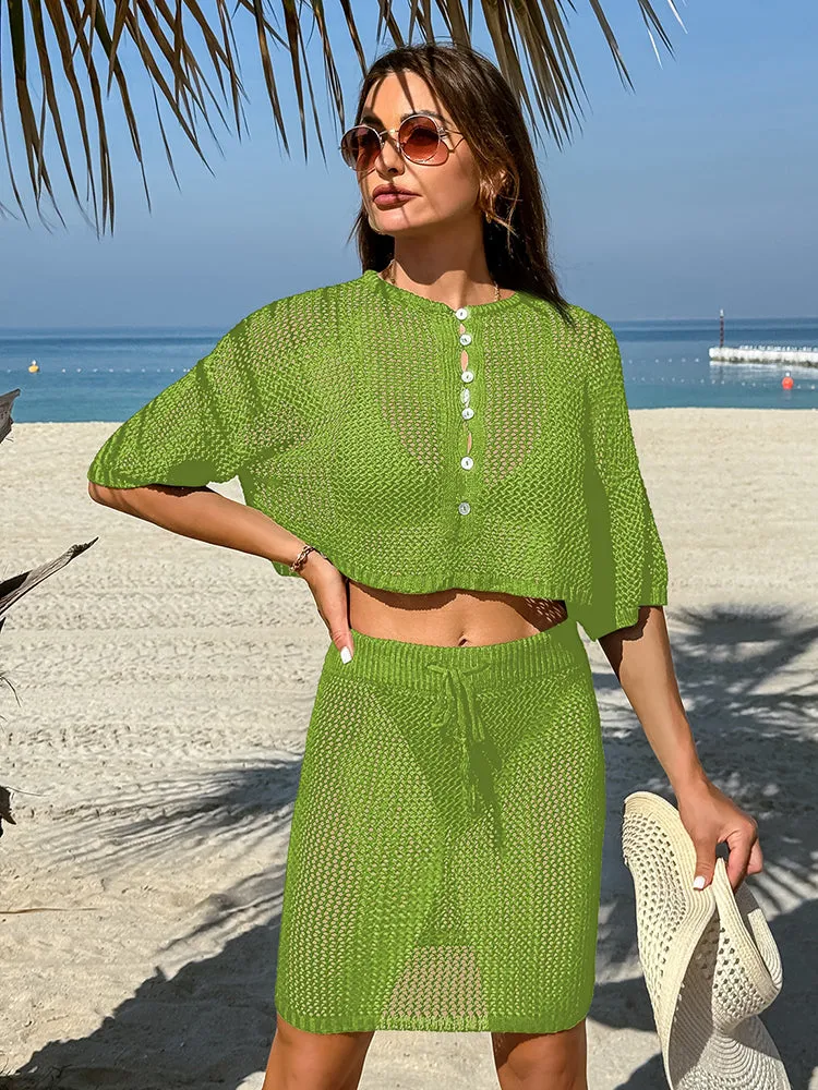 Women 2 Piece Crochet Swimsuit Cover Ups Hollow Out Knitted Coverup Beach Crop Top and Skirt Sets