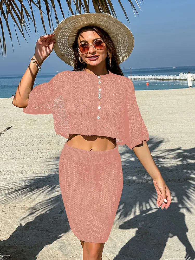 Women 2 Piece Crochet Swimsuit Cover Ups Hollow Out Knitted Coverup Beach Crop Top and Skirt Sets