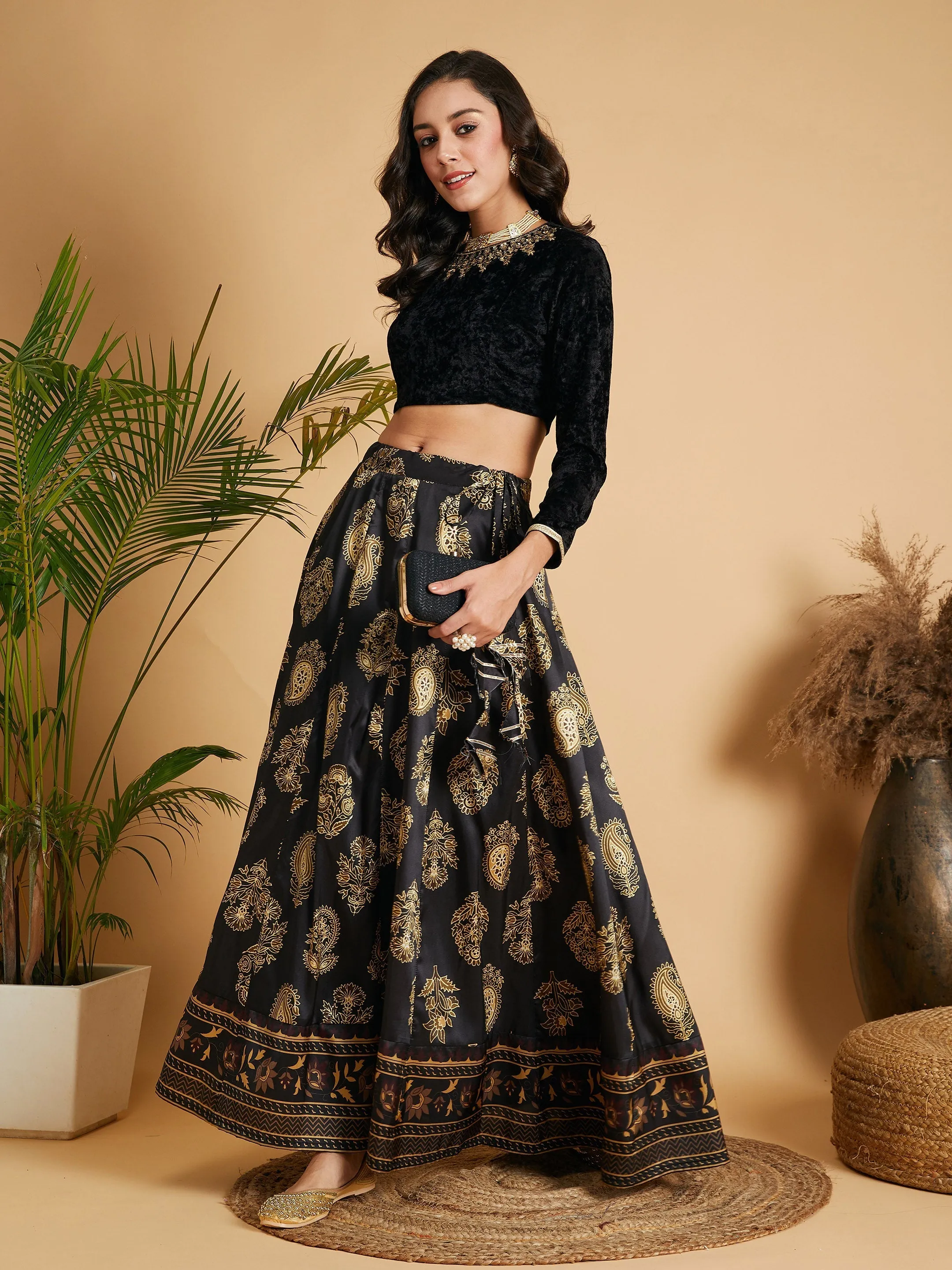 Women Black Floral Skirt With Black Velvet Crop Top