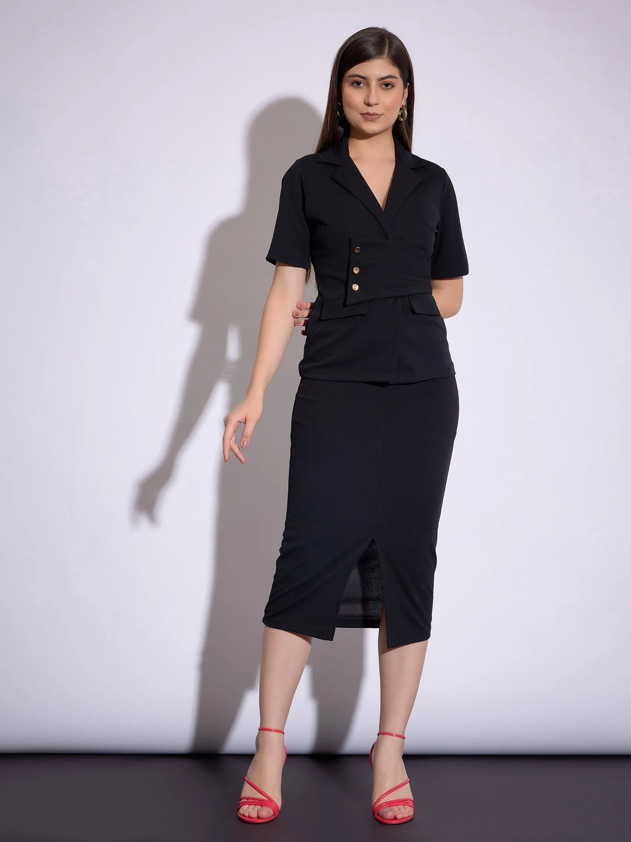 Women Black Notch Collar Top With Midi Skirt