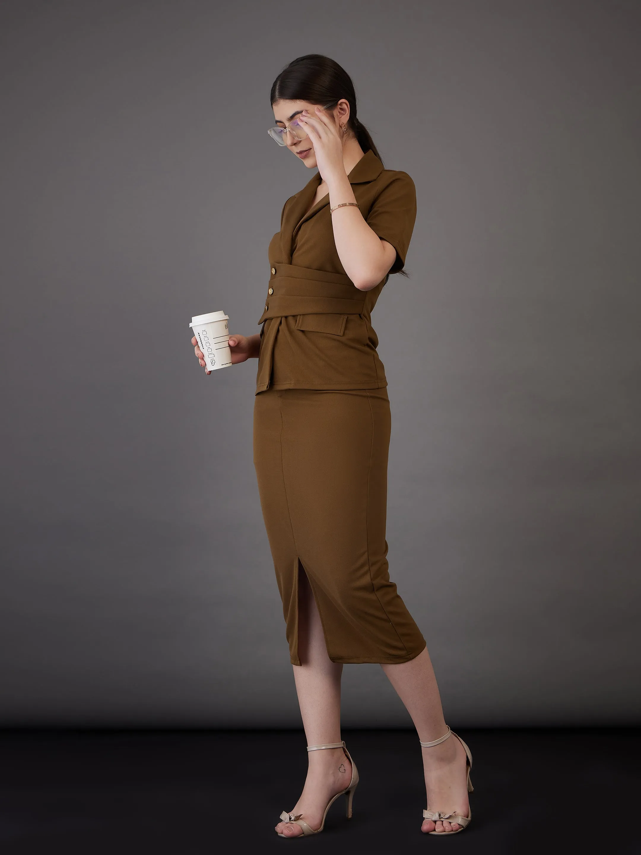 Women Brown Notch Collar Top With Midi Skirt