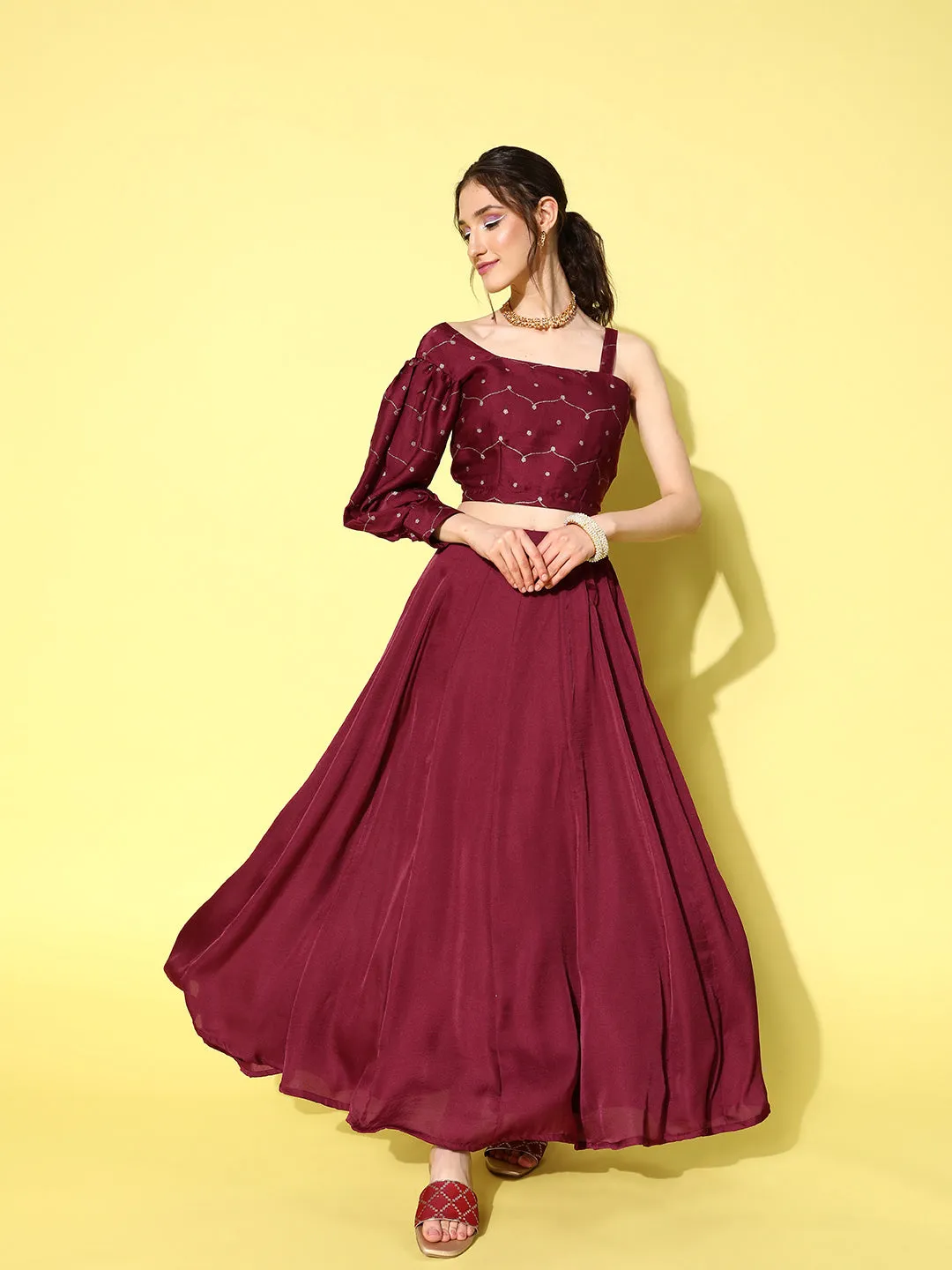 Women Maroon Silk Blend Co-Ord Set