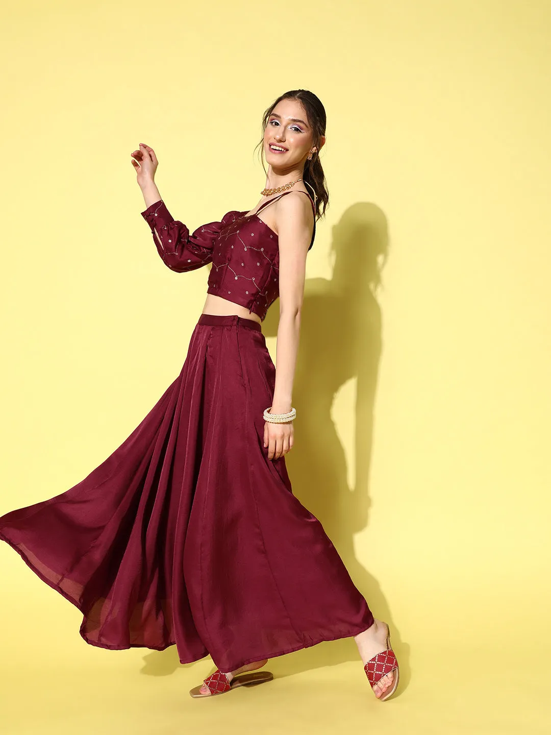 Women Maroon Silk Blend Co-Ord Set