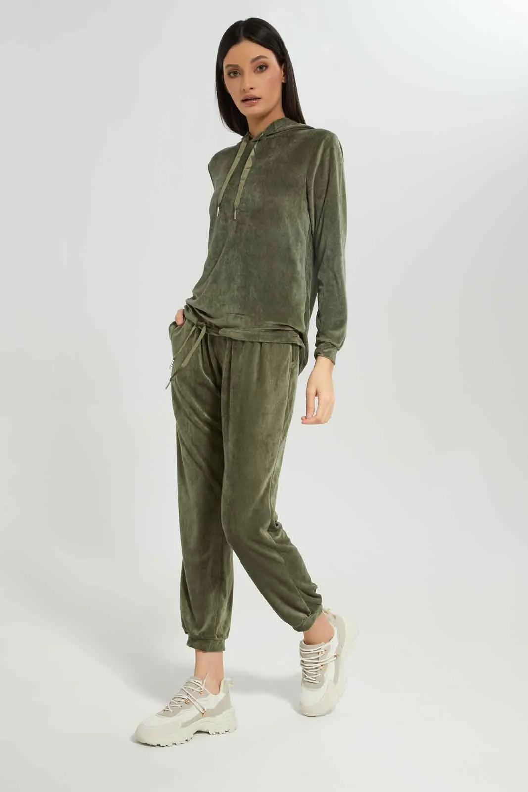 Women Olive Velour Pyjama Set (2 Piece)