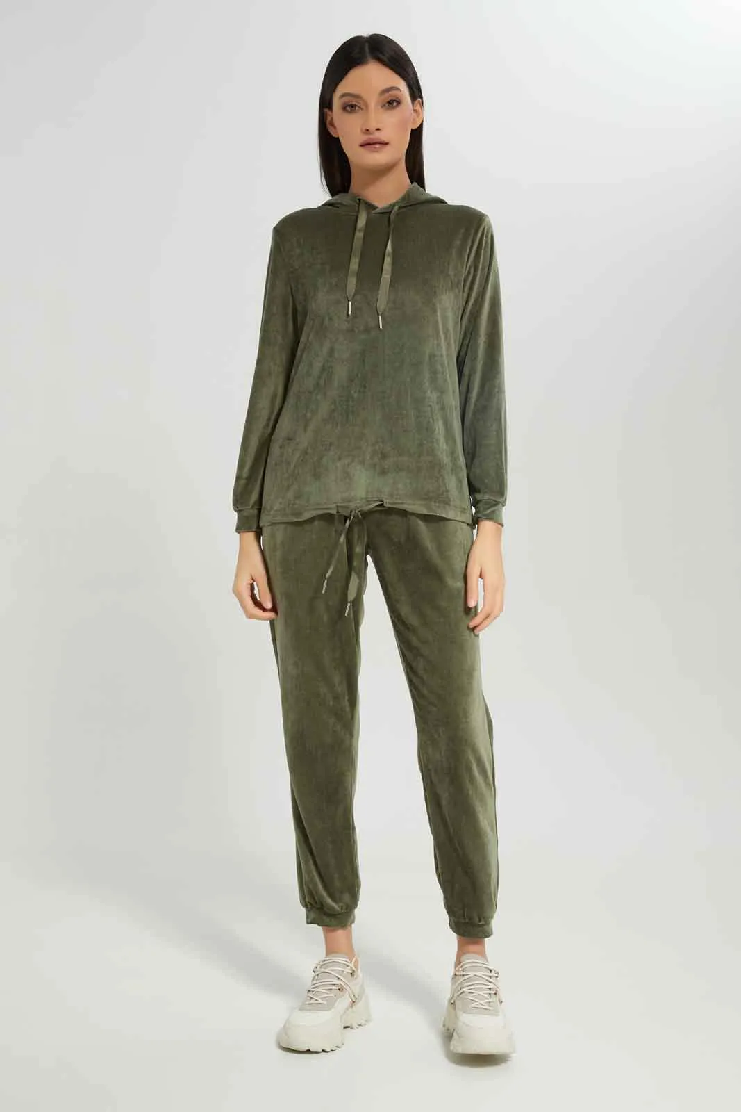 Women Olive Velour Pyjama Set (2 Piece)