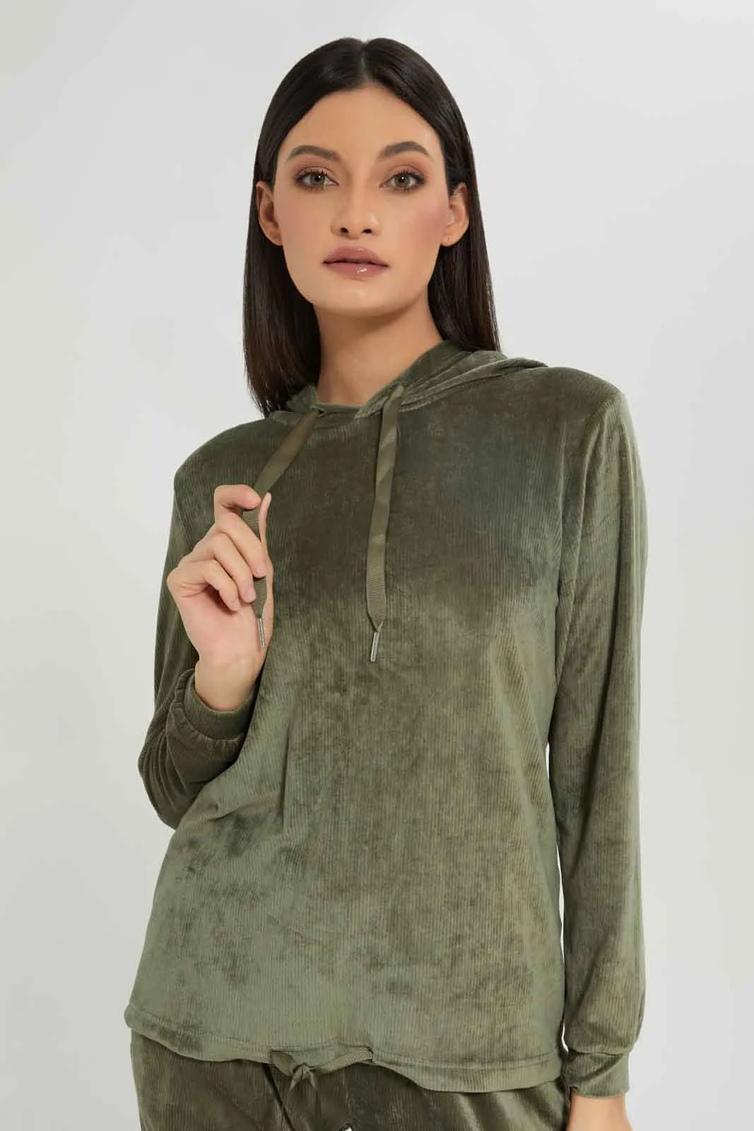 Women Olive Velour Pyjama Set (2 Piece)