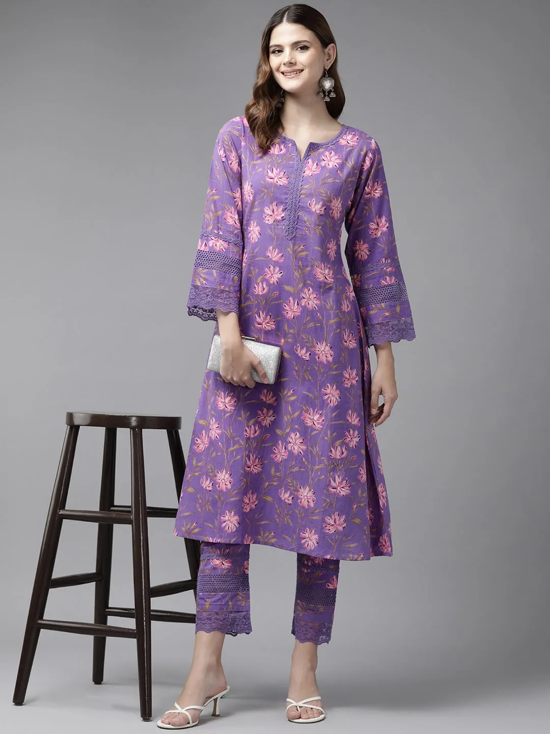 Women Purple Pure Cotton kurta set with embroidery Kurta Trouser Set