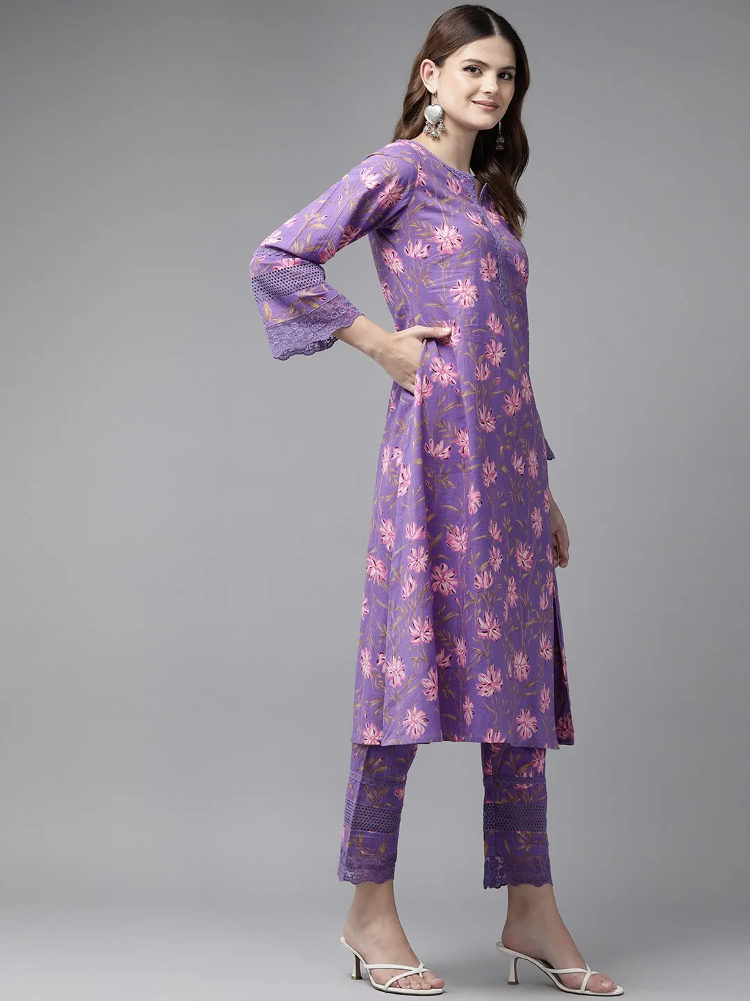 Women Purple Pure Cotton kurta set with embroidery Kurta Trouser Set