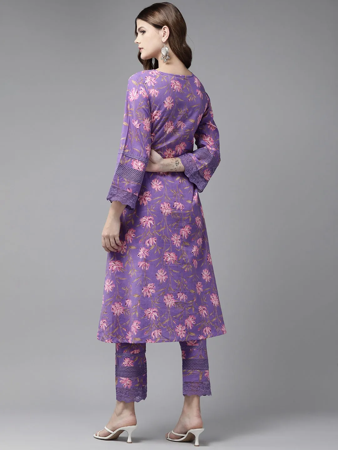 Women Purple Pure Cotton kurta set with embroidery Kurta Trouser Set