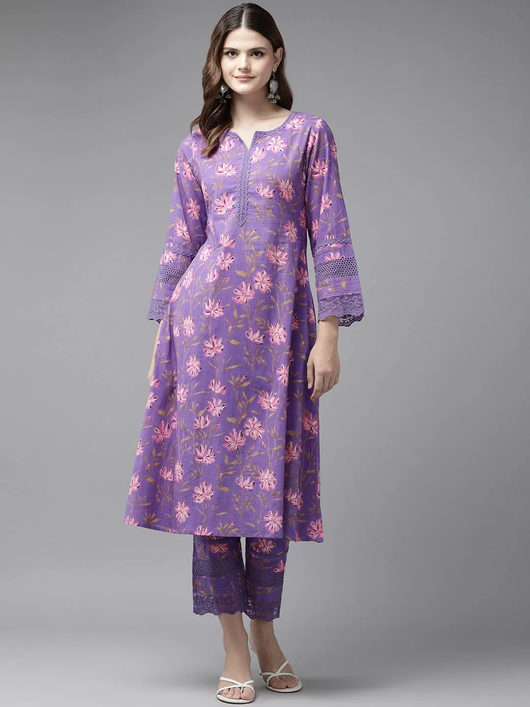 Women Purple Pure Cotton kurta set with embroidery Kurta Trouser Set