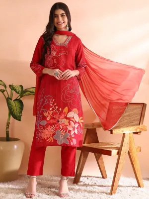 Women Red Silk Blend Floral Printed Straight Kurta Trousers With Dupatta