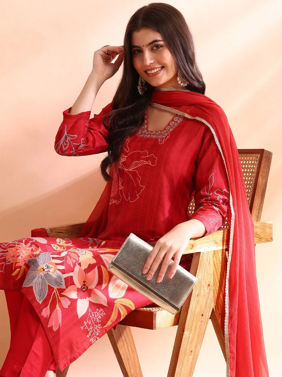 Women Red Silk Blend Floral Printed Straight Kurta Trousers With Dupatta