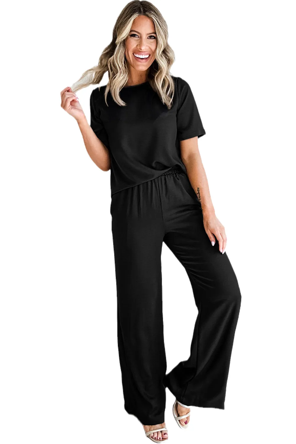 Women's 2 Piece Outfits Solid Color T Shirt Wide Leg Pants Set