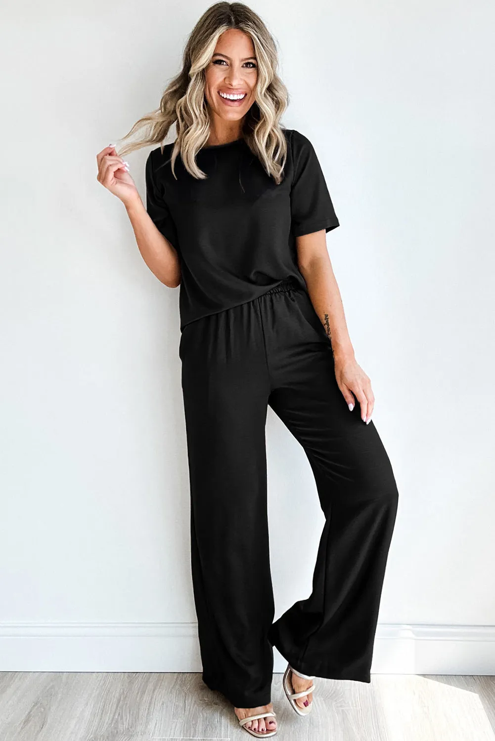 Women's 2 Piece Outfits Solid Color T Shirt Wide Leg Pants Set