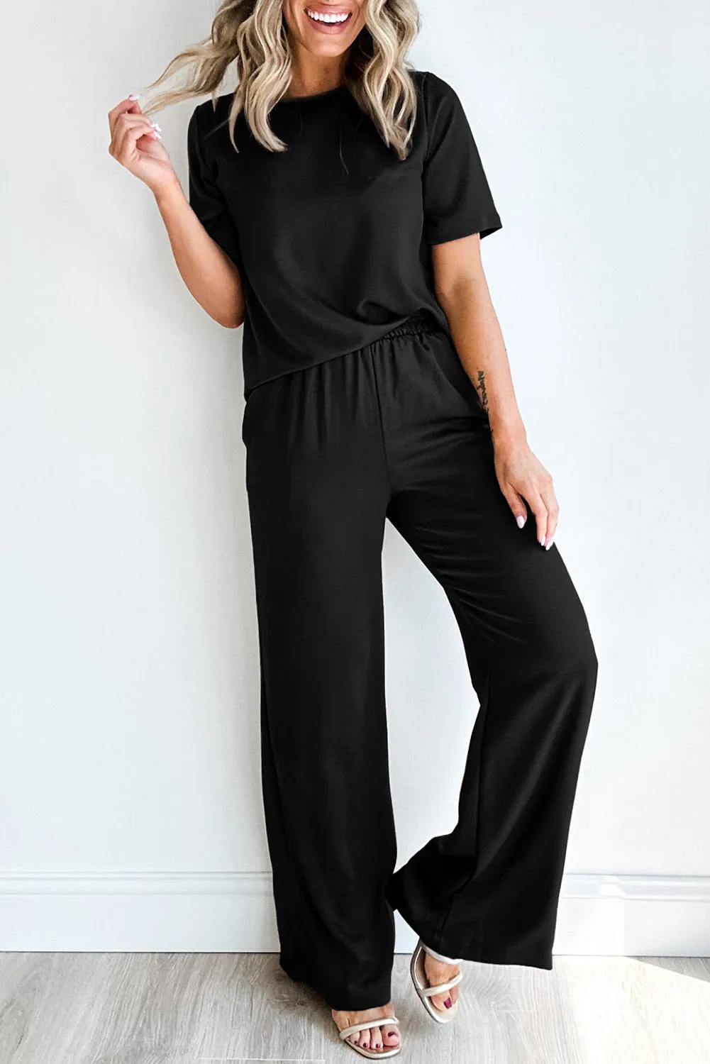 Women's 2 Piece Outfits Solid Color T Shirt Wide Leg Pants Set