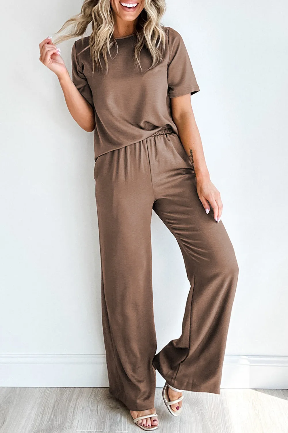 Women's 2 Piece Outfits Solid Color T Shirt Wide Leg Pants Set