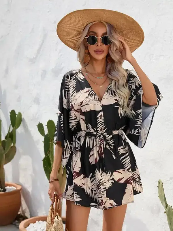 Women’s Beach Dolman Half Sleeve V-neck Floral Print Adjustable Dress