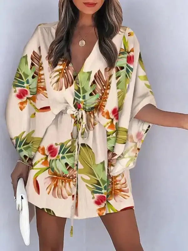 Women’s Beach Dolman Half Sleeve V-neck Floral Print Adjustable Dress