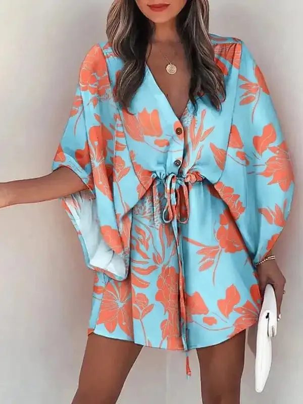 Women’s Beach Dolman Half Sleeve V-neck Floral Print Adjustable Dress