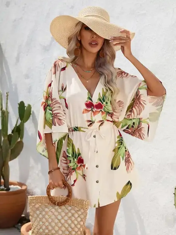 Women’s Beach Dolman Half Sleeve V-neck Floral Print Adjustable Dress