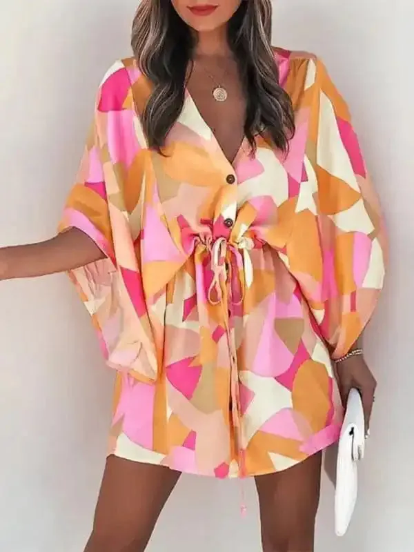 Women’s Beach Dolman Half Sleeve V-neck Floral Print Adjustable Dress