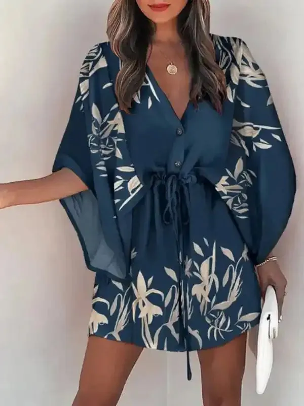 Women’s Beach Dolman Half Sleeve V-neck Floral Print Adjustable Dress