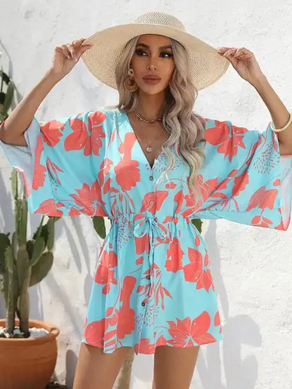 Women’s Beach Dolman Half Sleeve V-neck Floral Print Adjustable Dress