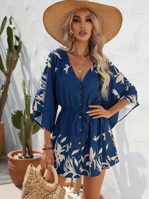 Women’s Beach Dolman Half Sleeve V-neck Floral Print Adjustable Dress